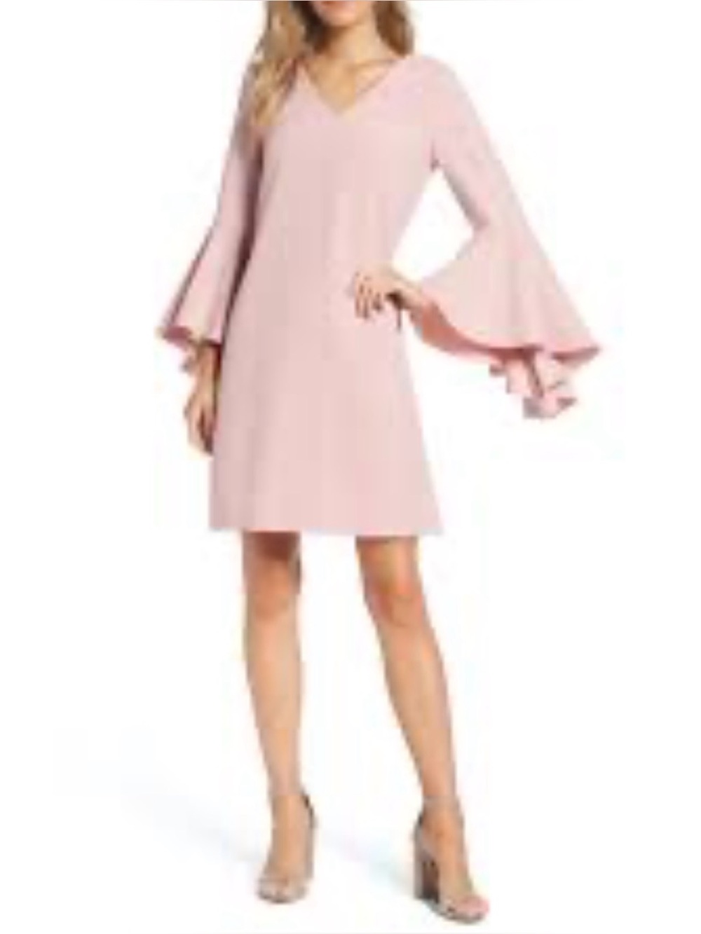 Eliza J Dusty Rose V-Neck Midi Dress with Layered Ruffle Sleeves